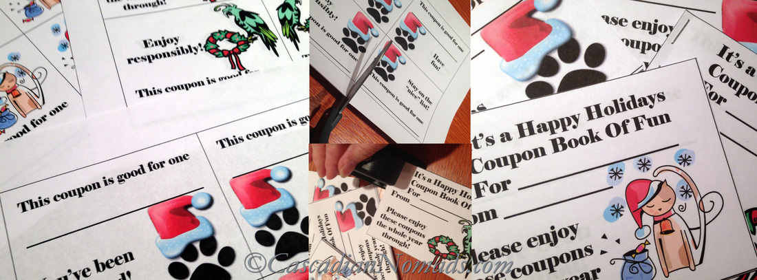 The making of holiday gift coupon books for pets.