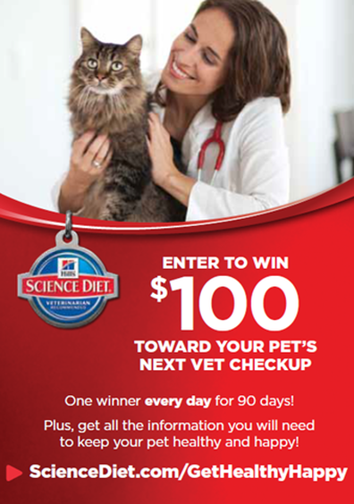 Enter to win a $100 reimbursement from Hill's Pet Nutrition just for seeing a licensed veterinarian in the US (through Septe,ber 30th, 2014.) #GetHealthyHappy