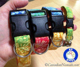 Three sizes of dog collars and a cat collare from K9 Bytes