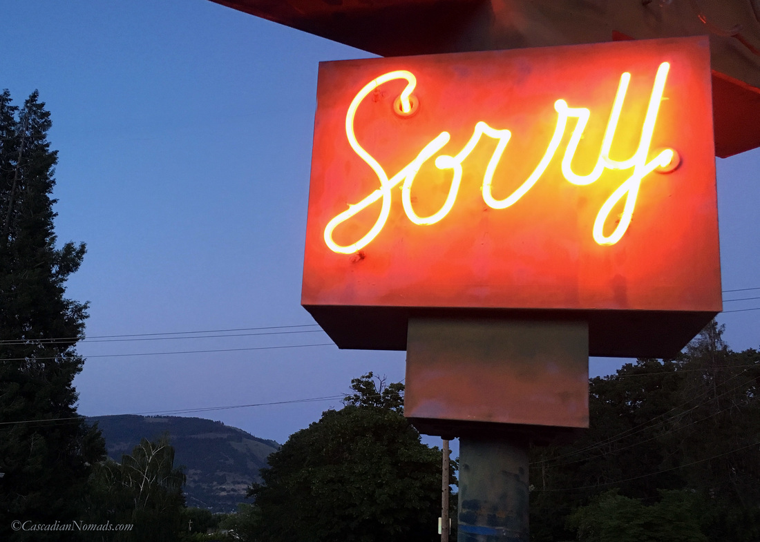 Travel Photography: Neon Sorry sign Hood River, Oregon, Cascadia